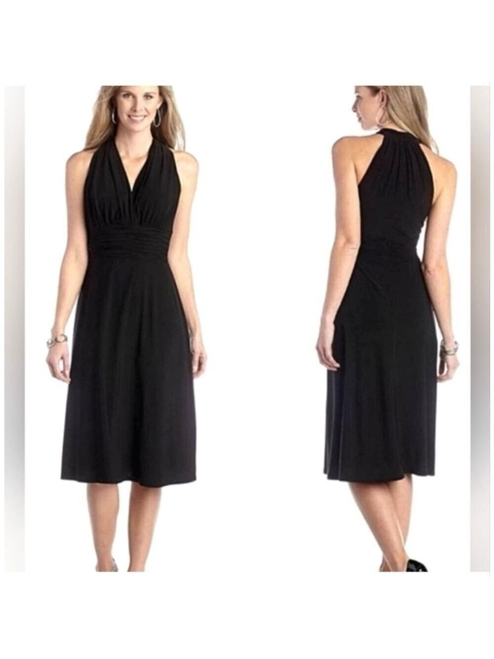Evan-Picone Black Halter Midi Dress Ruched Waist V-Neck Size 12